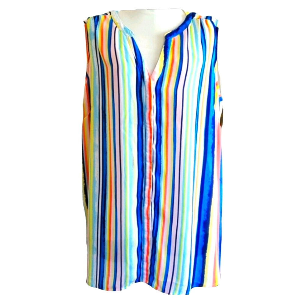 Woman Within Multicolor Striped Sleeveless Button Up Tunic Blouse 22/24